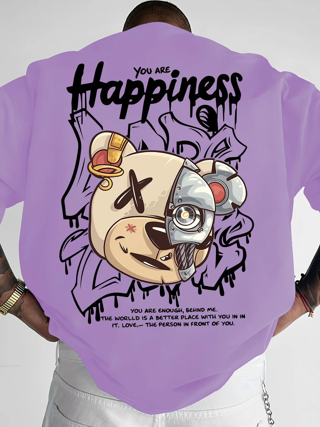 2025 New Men's Personalized Graffiti Bear Letter Printed Breathable and Comfortable Round Neck T-shirt Outdoor High Street Top
