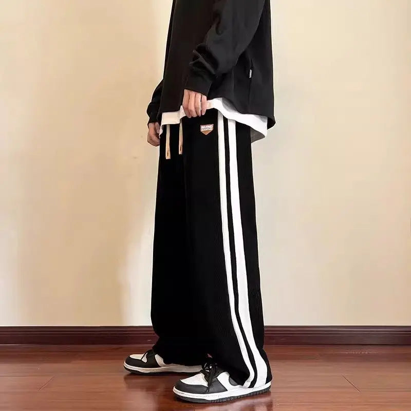 American Stripe Casual Pants Loose Fit Straight Leg Sporty Sweatpants for Men Autumn Trendy High Waist Elastic Waistband