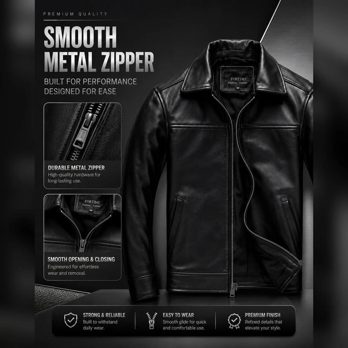 Black leather jacket with metal zipper on a dark background
