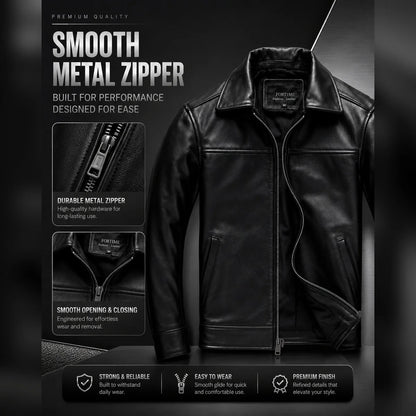 Black leather jacket with metal zipper on a dark background