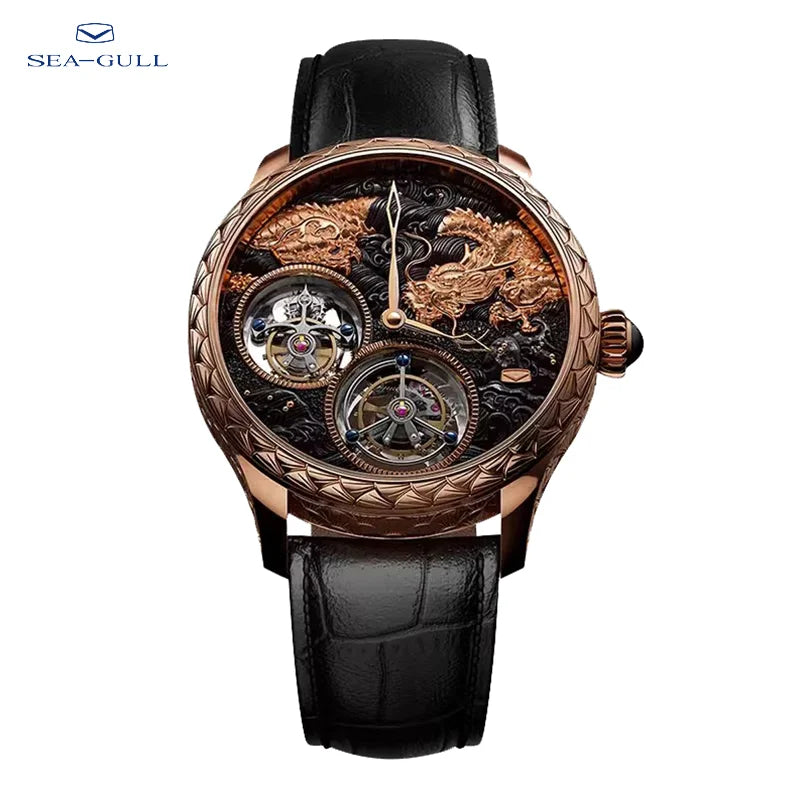 Dual Tourbillon Top Manual Mechanical Watch Hand Wind Watches 18K RoseGlod