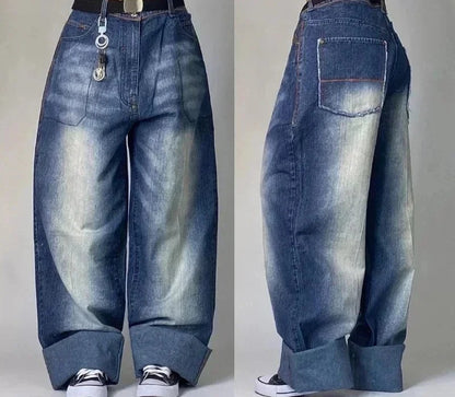 Street Fashion Trend Totenkopf bestickte Jeans Damen Harajuku Y2K Neue Hip Hop Joker Straight Wide-Leg Hosen Paar Freizeitjeans