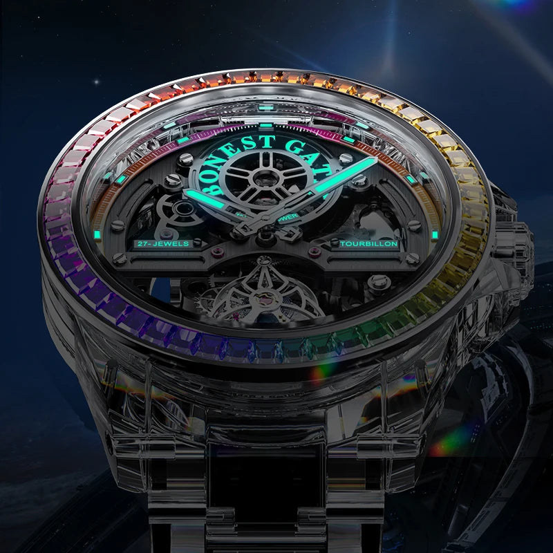 Bonest Gatti Skeleton Automatic Mechanical K9 Crystal Glass Case Rainbow Gemstone Bezel Transparent