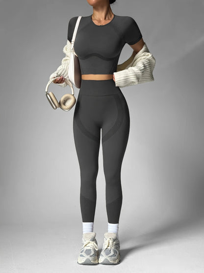 2Pcs Women's Sturdy Activewear Set, Breathable Waistless Short Sleeves and High Waist Pants, Yoga Gym Workout for Running,