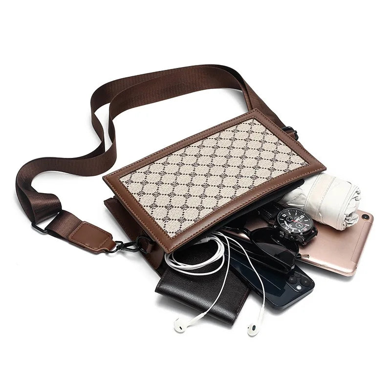 Brown crossbody bag with patterned flap, phone, watch, and earbuds on a white background