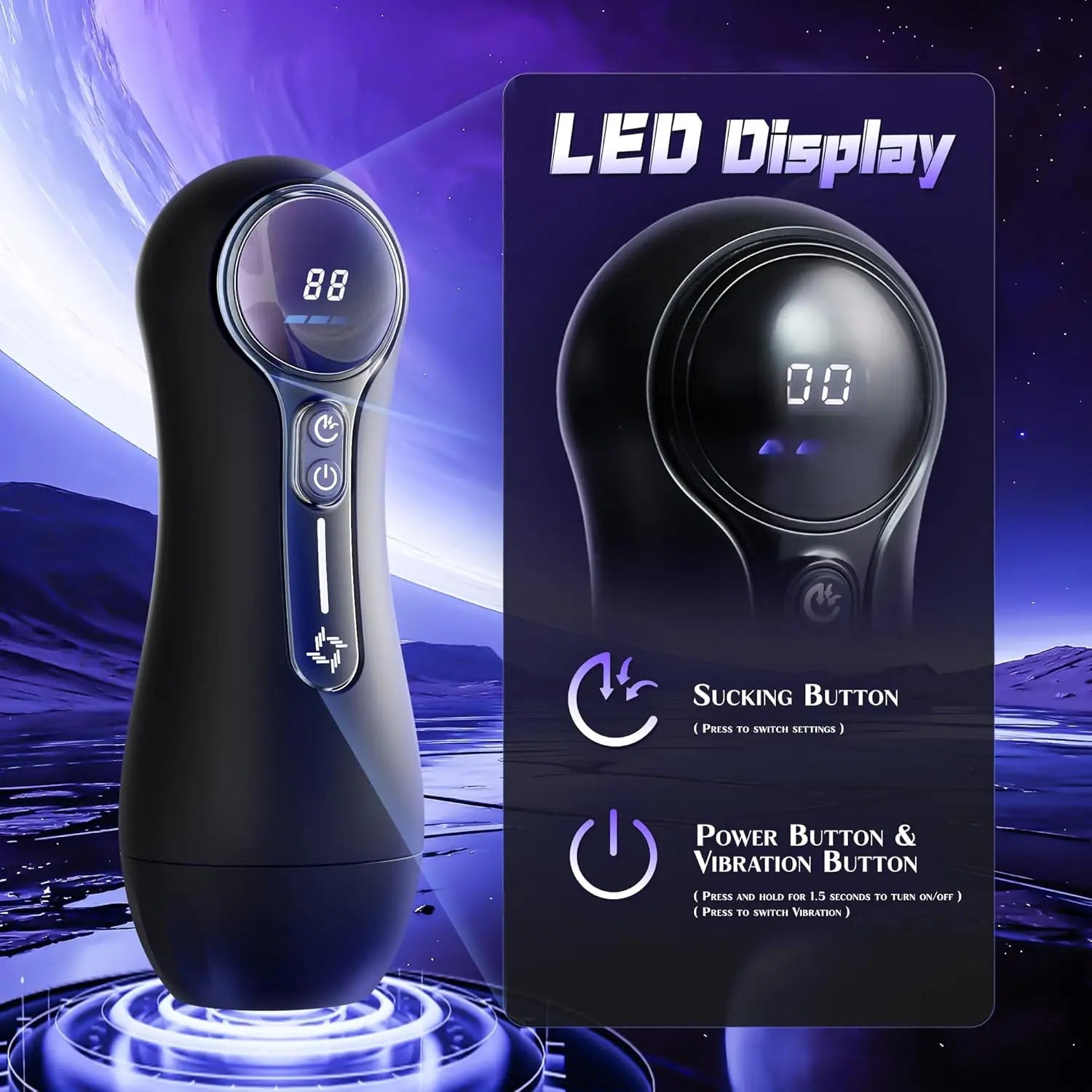 Black electronic device with LED display and control buttons on a purple and blue gradient background.