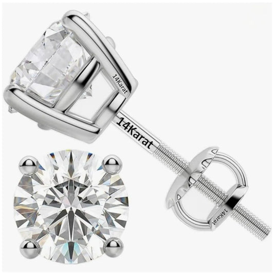 Pair of diamond stud earrings with '14Karat' branding on a white background