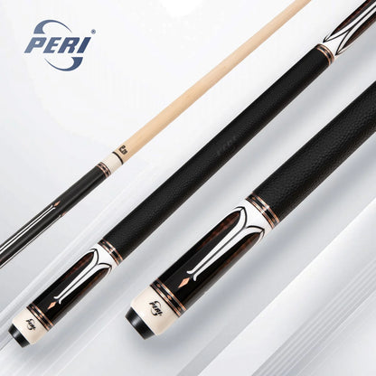 Two pool cues with black and beige handles on a light gray background, featuring the PERI brand.