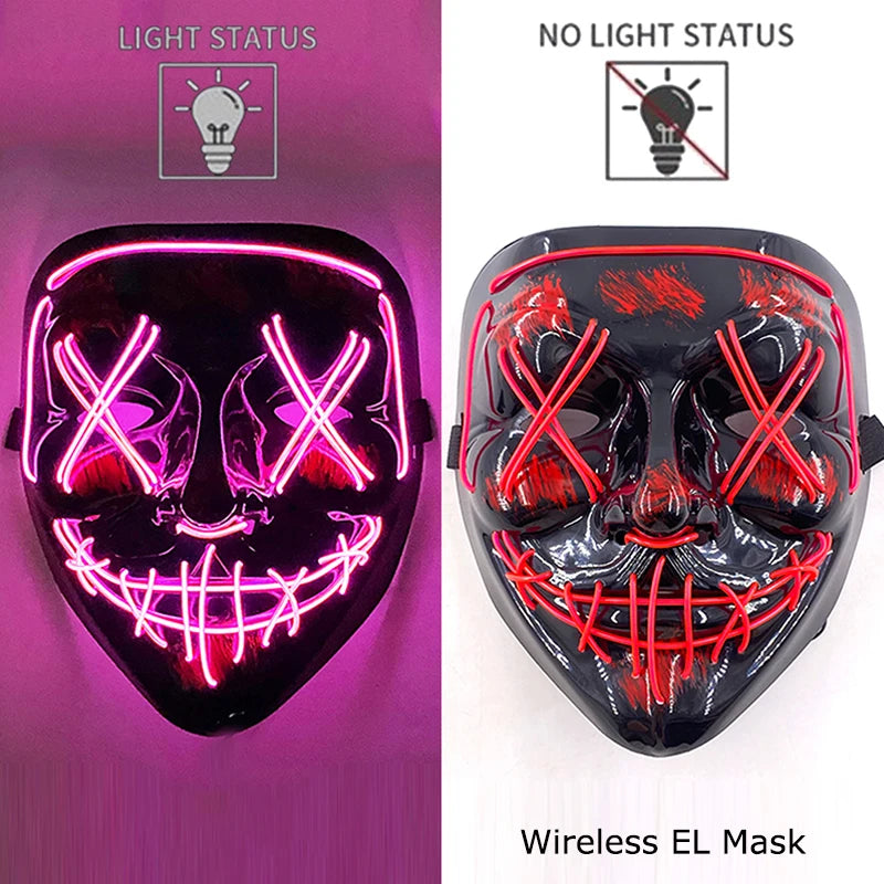 Drahtlose Neon-LED-Reinigungsmaske, im Dunkeln leuchtende Cosplay-Horrormaske, Halloween-Maskerade-Partymasken, leuchtende, lustige Verkleidung