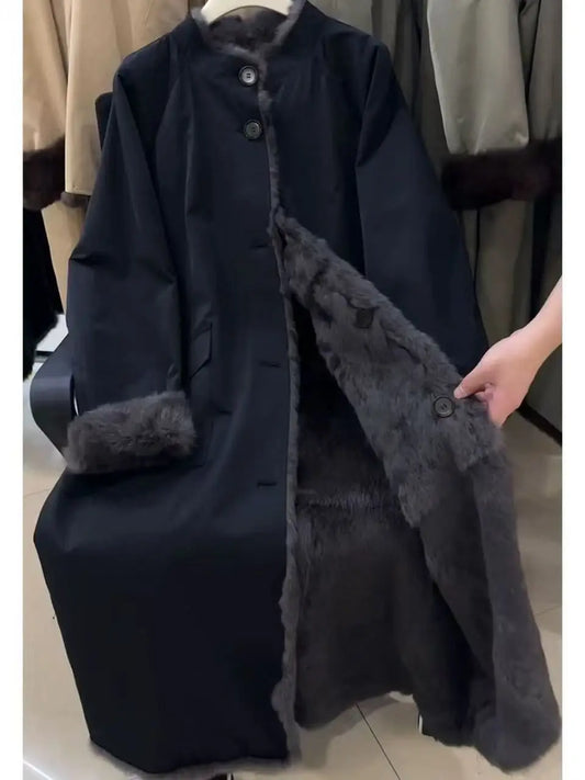 Thiened Bla Fur Jaet Women's Coat Medium Length Loose Fit Autumn Winter Outerwear Commute Sle Single Button Closure
