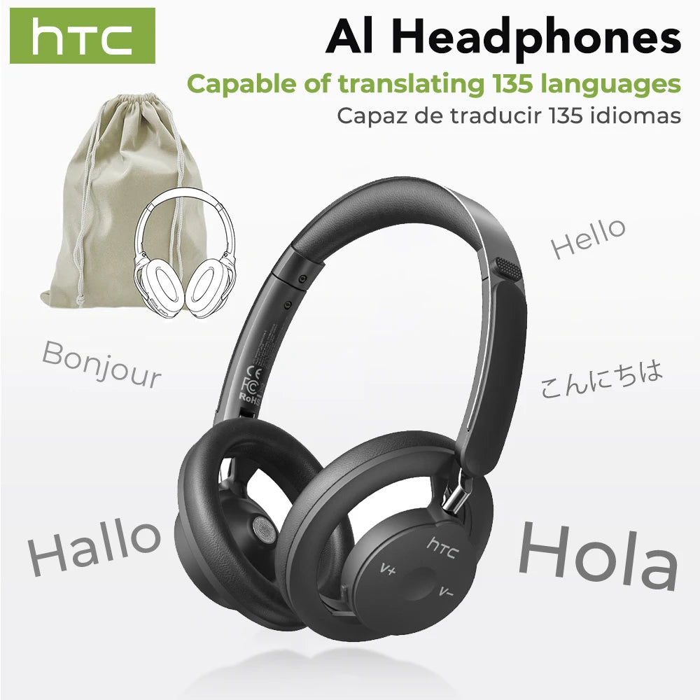 Black headphones with HTC branding, featuring language translation capabilities on a white background.