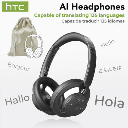 Black headphones with HTC branding, featuring language translation capabilities on a white background.