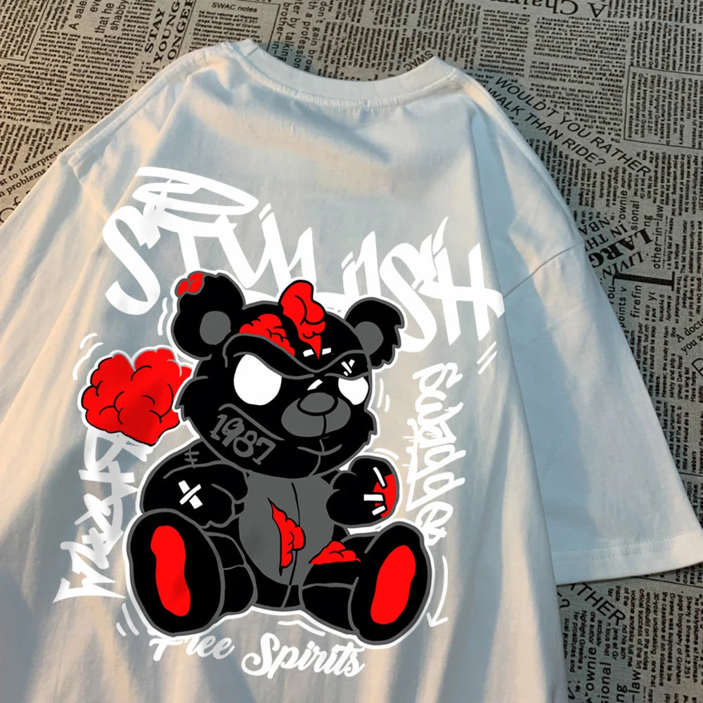 Explodierende schwarze Puppenbär-Männer-Frauen-T-Shirts Hochwertige Baumwolltops Sommer Locker T-Shirts Einfachheit Atmungsaktive Streetwear