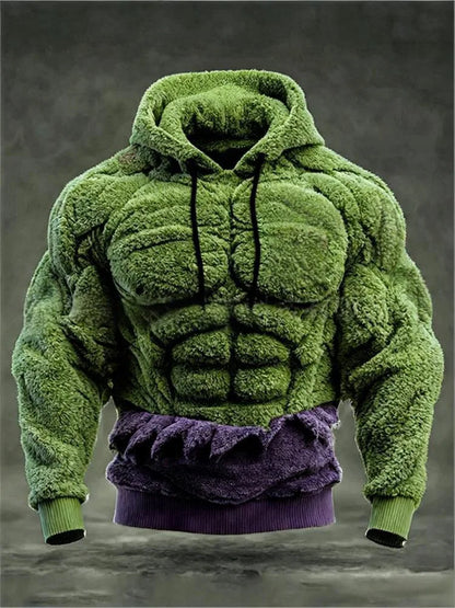 Men's Casual Sports Hoodie Fleece Lined Chest Muscle Print Long Sleeve Loose Fit Polyester Fiber Digital Print Hooded Sweatshirt