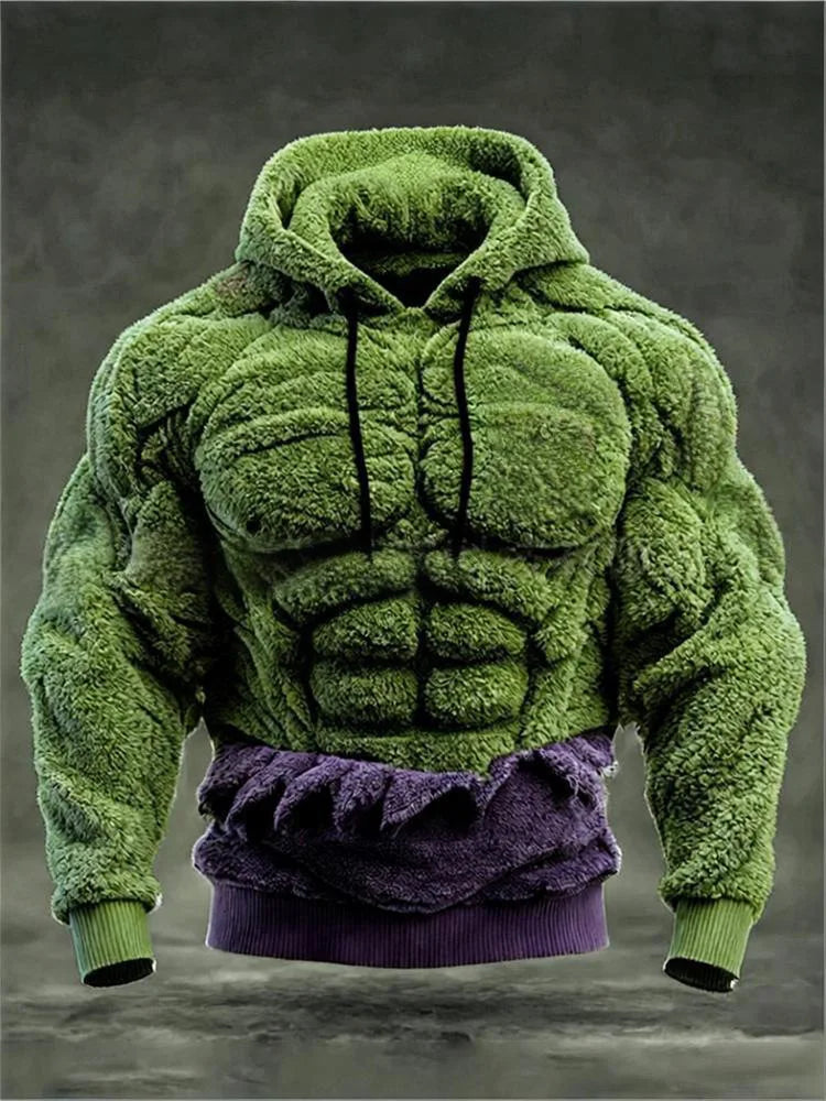 Men's Casual Sports Hoodie Fleece Lined Chest Muscle Print Long Sleeve Loose Fit Polyester Fiber Digital Print Hooded Sweatshirt