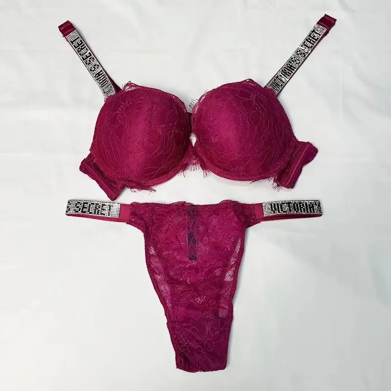 Neue V Damen Sexy BH und Höschen Set Bequemer Push-up Shapewear Verstellbarer Gepolsterter geraffter Spitzen Dessous Set