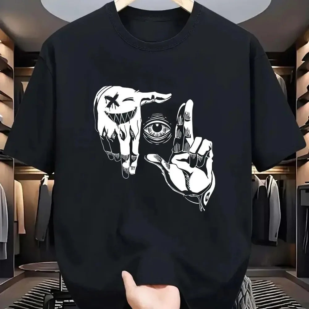 2025 Sommer Herren Polyester Lässig Atmungsaktiv Rundhals-T-Shirt mit Geste Auge Personalisiertem Muster Bedrucktes Outdoor-Oberteil