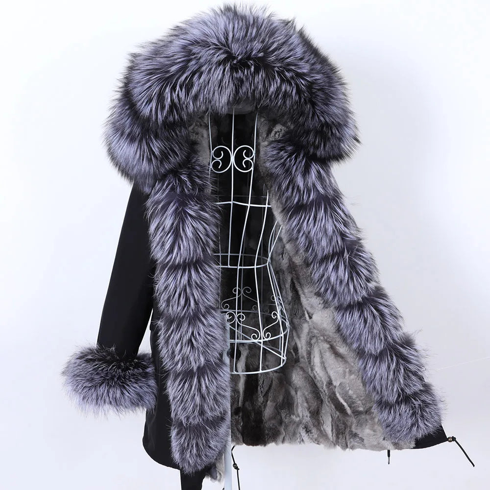 MAOMAOKONG 2023 Abnehmbarer Echtfuchs Pelzkragen Mäntel Damen Winterjacke Kapuze Kaninchenfellfutter Lange Parkas Damenbekleidung