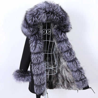 MAOMAOKONG 2023 Abnehmbarer Echtfuchs Pelzkragen Mäntel Damen Winterjacke Kapuze Kaninchenfellfutter Lange Parkas Damenbekleidung