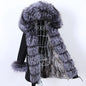 MAOMAOKONG 2023 Abnehmbarer Echtfuchs Pelzkragen Mäntel Damen Winterjacke Kapuze Kaninchenfellfutter Lange Parkas Damenbekleidung