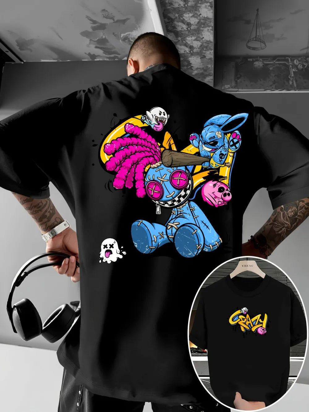 Europäisches und amerikanisches neues Herren-T-Shirt mit Cartoon-Graffiti-Print, bequem, weich, atmungsaktiv, Rundhalsausschnitt, Outdoor-Streetstyle-Oberteil