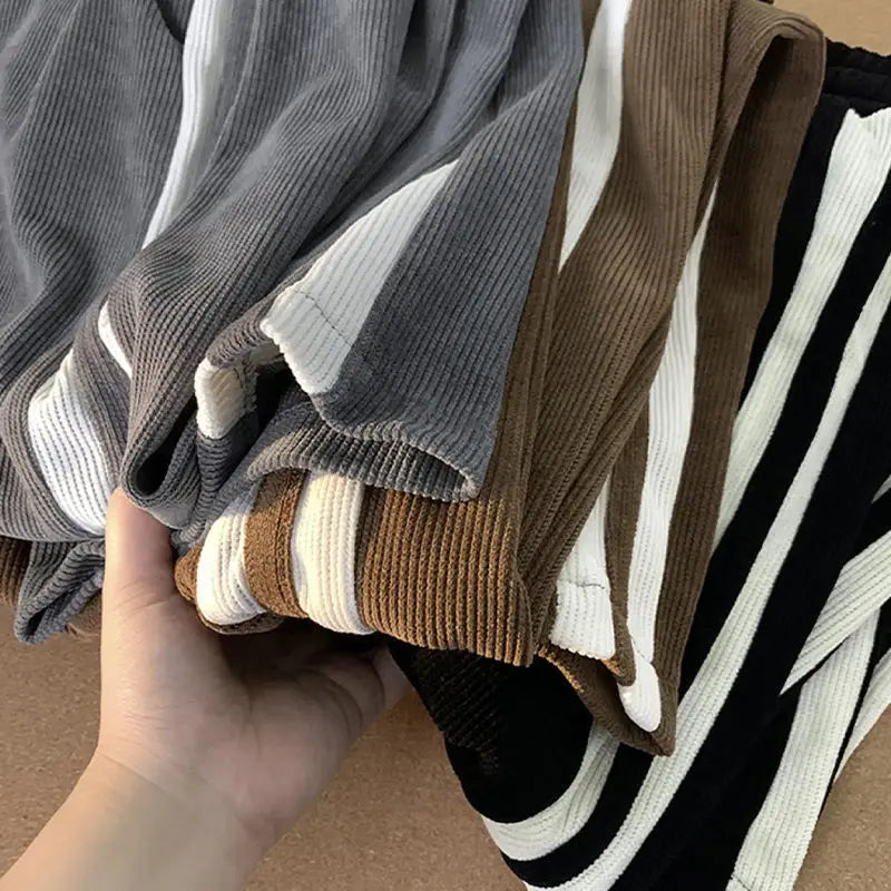 Fleece Corduroy Solid Striped Straight Pants Men Patchwork Drawstring Versatile Trendy Casual Trousers