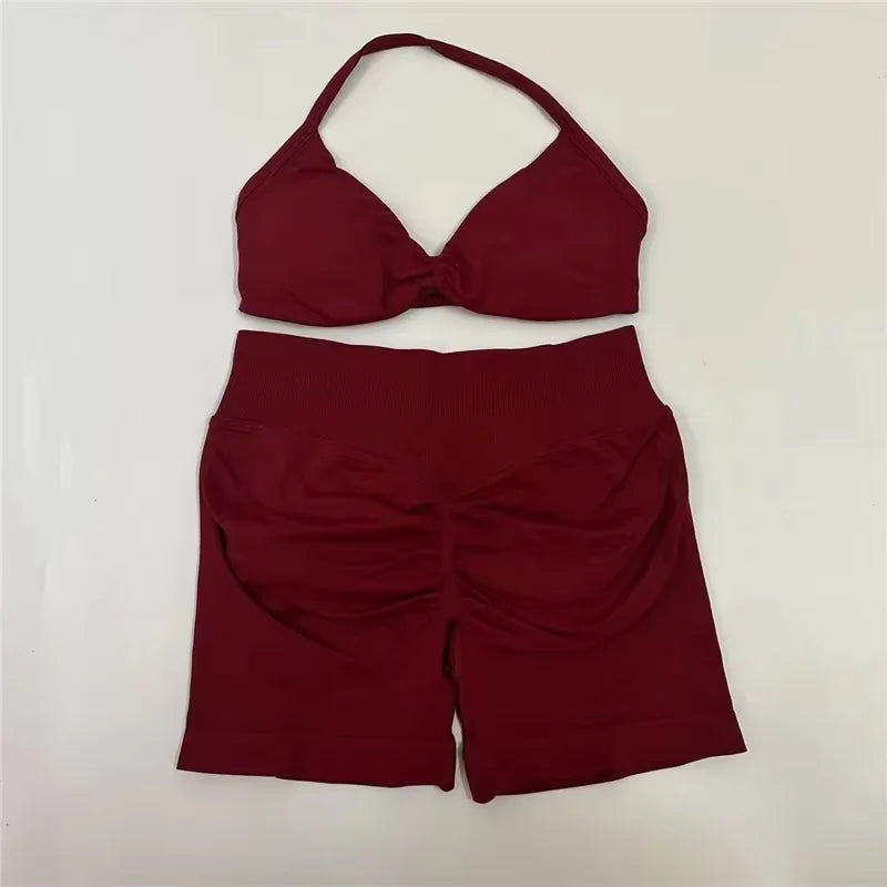 2Pcs Impacts Gym Set Tank Tops High Waist Scrunch Seamless Shorts Gym Suit Fitness Clothes Activewear Workout
