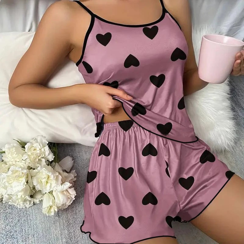 Pyjama-Set Schlafanzug T-Shirt Shorts Rosa Herz-Print Rundhals-T-Shirt Eisseide-Top Bequem Lässig Sommer