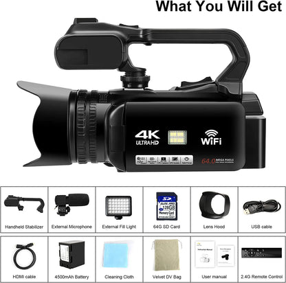 WIFI Camcorder 4K 64MP 60FPS Vlogging Touch Screen