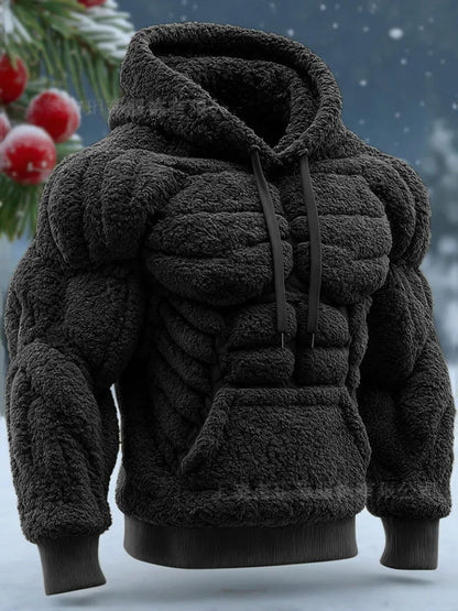 Men's Casual Sports Hoodie Fleece Lined Chest Muscle Print Long Sleeve Loose Fit Polyester Fiber Digital Print Hooded Sweatshirt