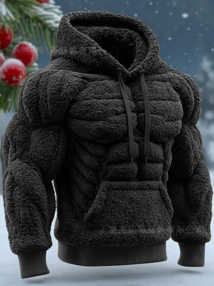 Men's Casual Sports Hoodie Fleece Lined Chest Muscle Print Long Sleeve Loose Fit Polyester Fiber Digital Print Hooded Sweatshirt