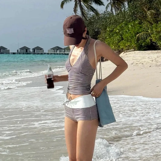 Deep V High-Waist Checkered Bikini Swimsuit
