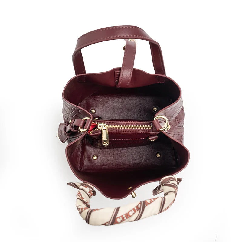CH New Tote Bag Embossed Logo Silk Scarf Decor Lock Buckle Burgundy Fashion Women Casual Daily Handbag