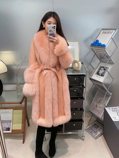 2025 Neuer Winter Damen Naturfuchs Fellkragen Lange Weiße Gänsedaunenjacke Wollmantel Warmer Mantel Dicker Luxus Damenmäntel