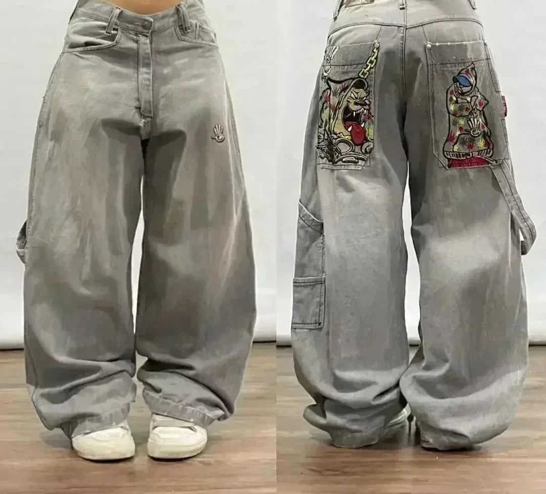 Street Fashion Trend Totenkopf bestickte Jeans Damen Harajuku Y2K Neue Hip Hop Joker Straight Wide-Leg Hosen Paar Freizeitjeans