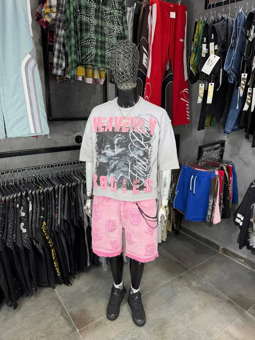 High Street Element Five Star Patch Designer Pink Denim Pants Baggy Rock Short Jeans