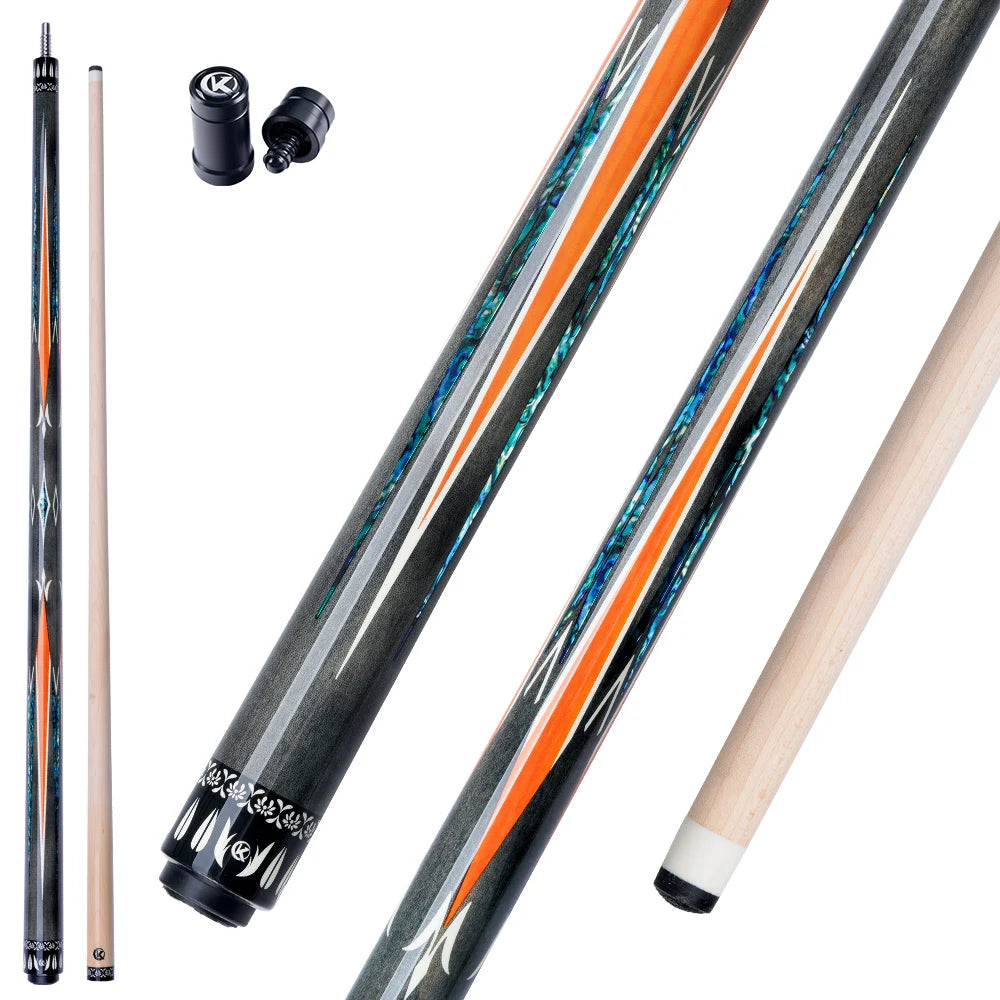 Pool cue with various components on a white background