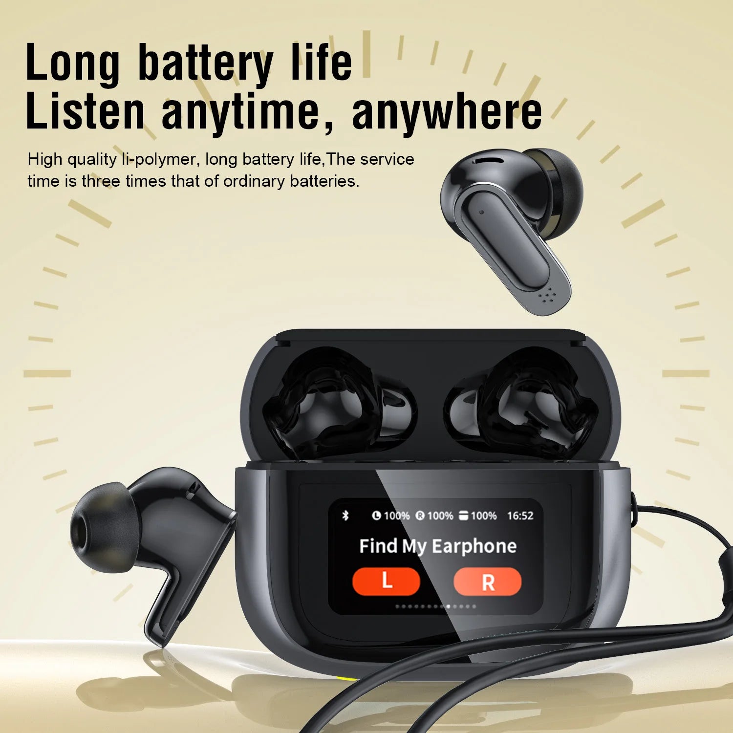 Wireless earbuds with charging case on a beige background, highlighting long battery life.