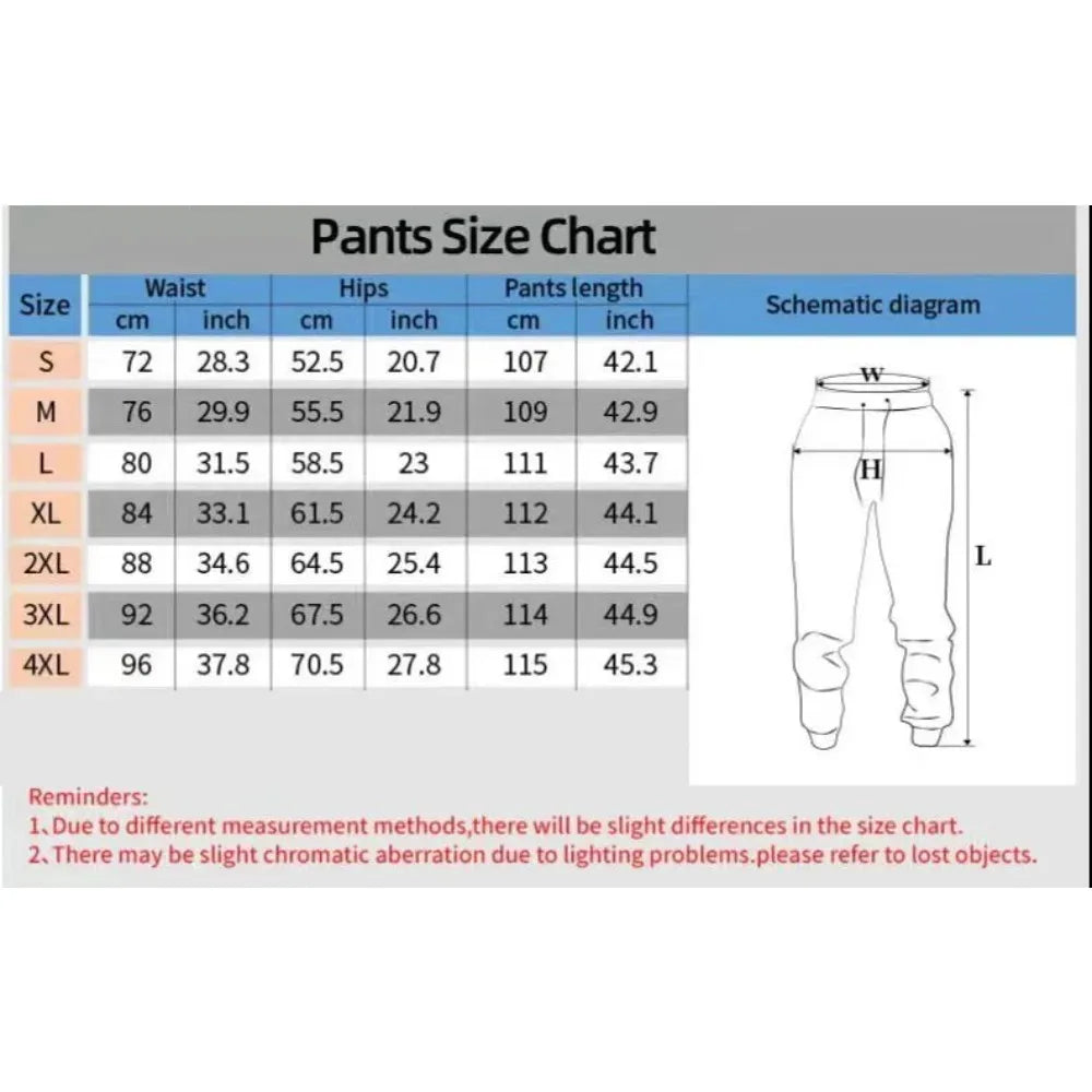 Pants size chart with measurements in centimeters and inches