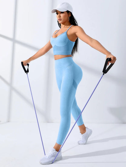 Seamless Yoga Set For Women 2Pcs Workout Outfits Stretchy Leggings And Thin Strap Sports Bra Fitness Wear