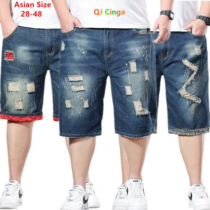 Distressed blue denim shorts being modeled with text indicating size range and brand.