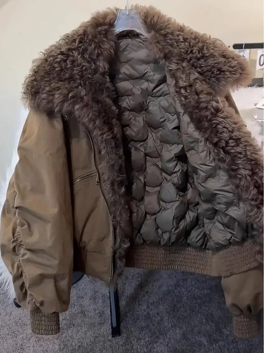 American Thiened Cotton Jacket Women's Loose Workwear Coat with Large Fur Collar Winter