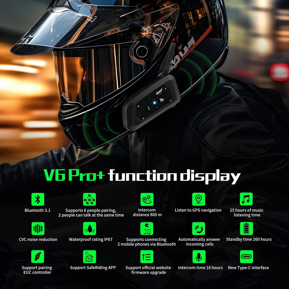 EJEAS V6 PRO+/PLUS Motorradhelm Bluetooth Walkie Talkie für 6 Fahrer, Reichweite 800 Meter, wasserdicht IP67
