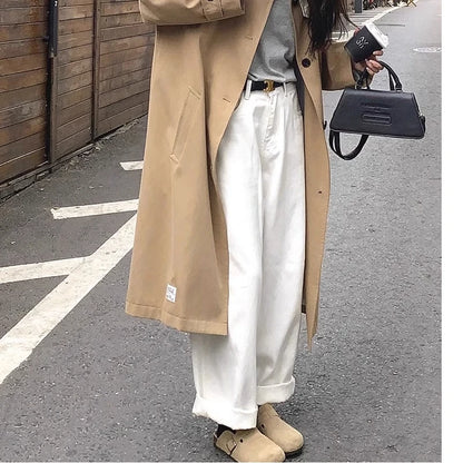 Lockere weiße Wide-Leg-Jeans für Damen, mit Falten, hoher Taille, gerades weites Bein, Mopping-Hose