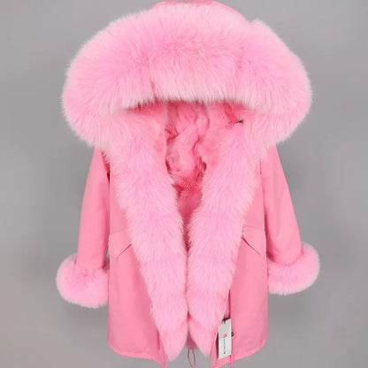 MAOMAOKONG Brand Long Winter Jacket Women Outwear Thick Parkas Natural Real Fox Fur Collar Coat Hooded Pink Female Clothing