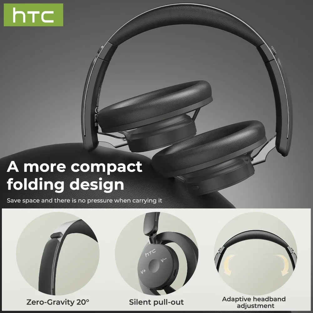 Black folding headphones with HTC branding, showing compact design features.