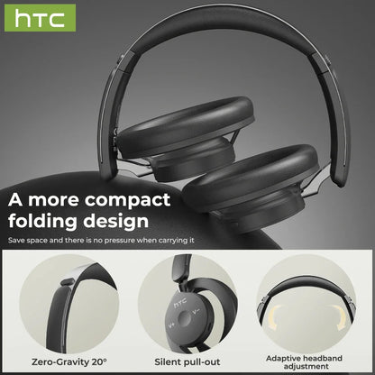 Black folding headphones with HTC branding, showing compact design features.