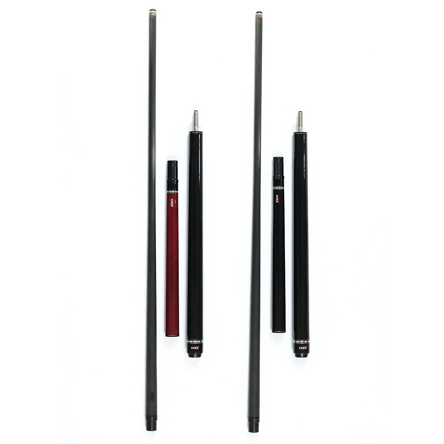 Set of black pool cues with various shaft lengths on a white background