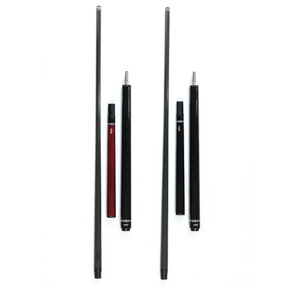 Set of black pool cues with various shaft lengths on a white background