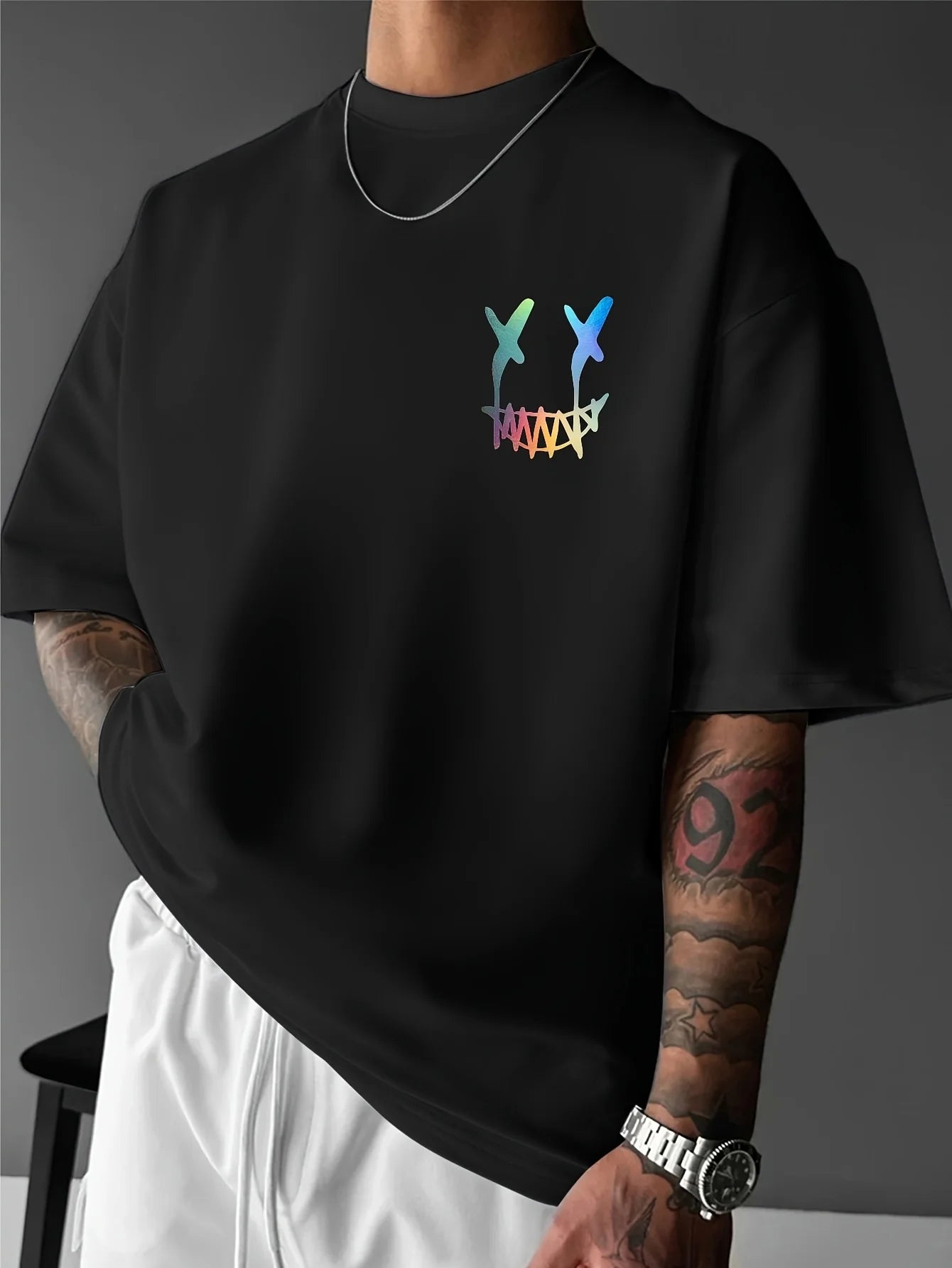Men's Streetwear Geometric Graphic T-Shirt - Loose Fit Casual Summer Tee with Bold Back Print, Machine